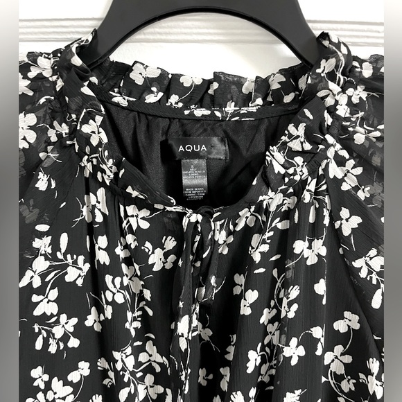 NWOT Aqua Midi Flounce Dress by Bloomingdale’s -black white floral - Size Small - Picture 2 of 11